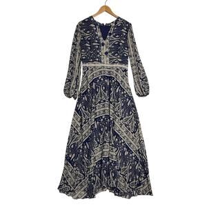 Sheryl Crow‎ Paisley Print V-Neck Maxi Dress Size S Pom-Poms Hippie Boho Gypsy